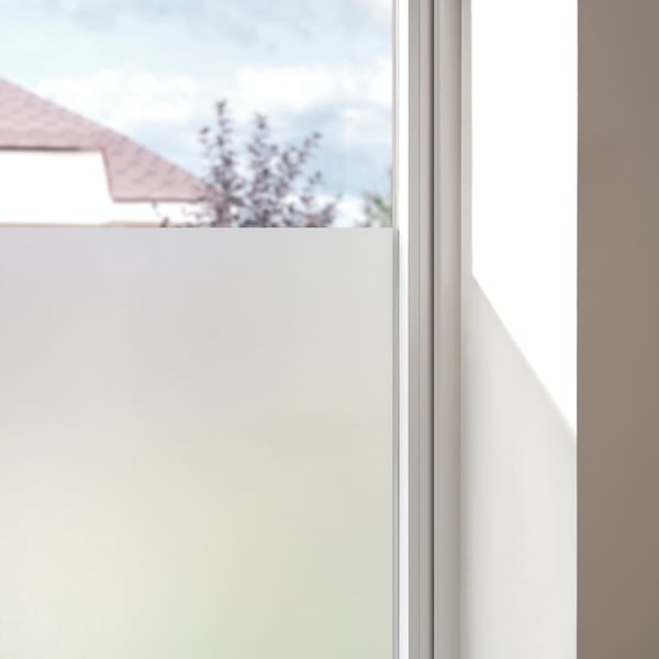 A frosted window film applied to a window, offering privacy while allowing light to pass through.