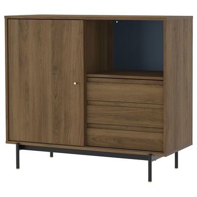 RÅDMANSÖ walnut cabinet with sliding doors, drawers, black metal legs, and blue interior.
