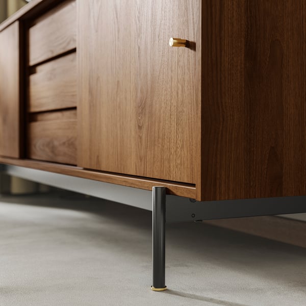 Mid-century tv bench, warm walnut, sleek design, gold knobs, black metal legs.