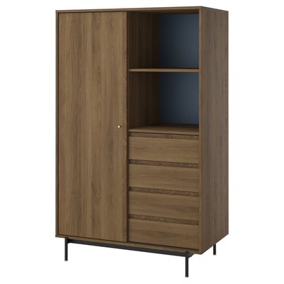 Wooden RÅDMANSÖ wardrobe with dark blue interior, 4 drawers, mid-century design, black metal legs.