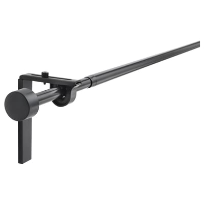 Black metal adjustable curtain rod with minimalist design and adjustable angle bracket.