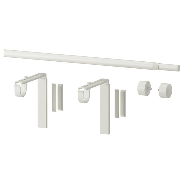 White RÄCKA curtain rod kit with adjustable holders and finials.