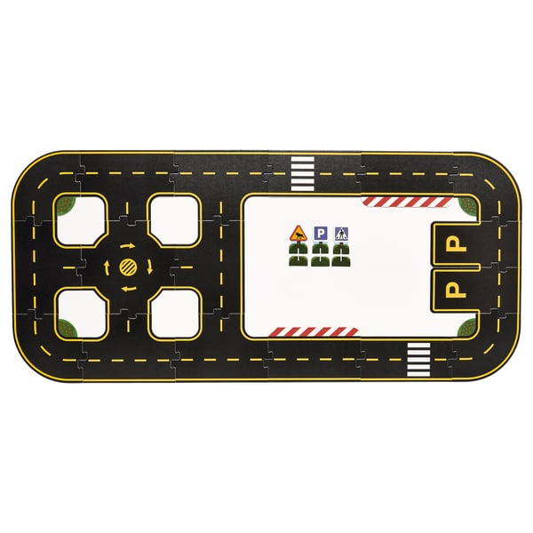 Black toy car track with yellow lines, roundabout, and parking area. Brightens playtime.