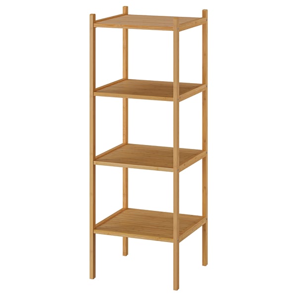 A RÅGRUND bamboo shelf. It is a light brown, four-tiered, standing shelf with a square frame and sturdy legs.