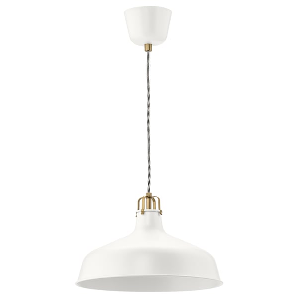 RANARP white pendant lamp with brass details and striped cord.