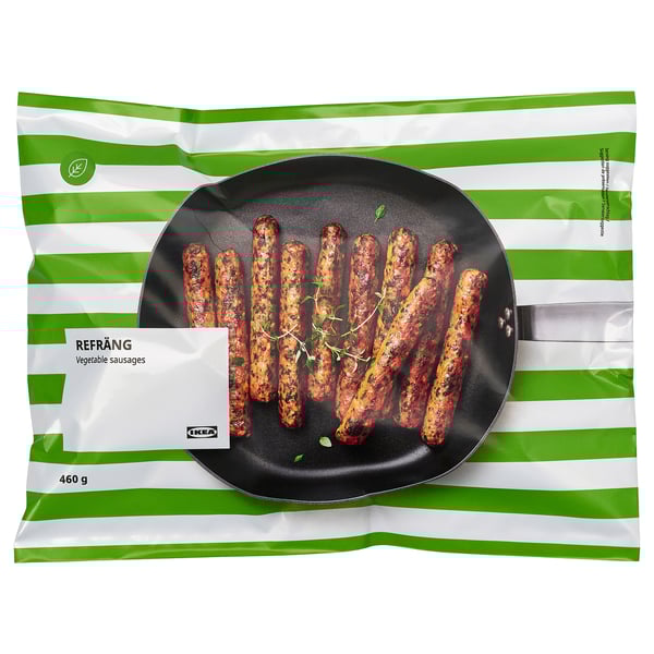 IKEA refrång vegetable sausages bag, showing cooked sausages on a pan.