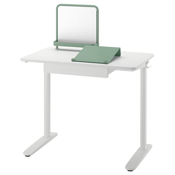 RELATERA desk in white with green magnetic board and drawer. Modern, rectangular shape, with clean lines.