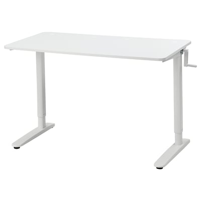 A white adjustable desk called RELATERA, perfect for both sitting and standing with a crank handle for height adjustment.