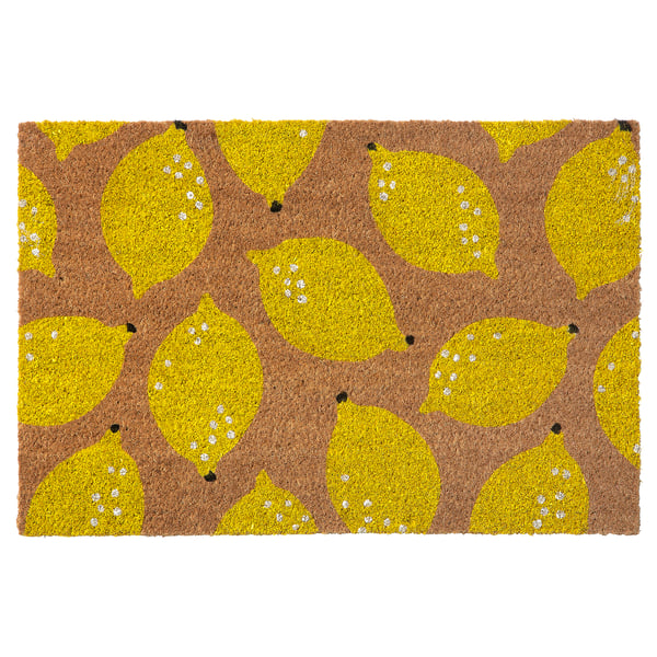 Bright yellow lemon patterned door mat, rectangular, made of coir and jute, vibrant and welcoming.