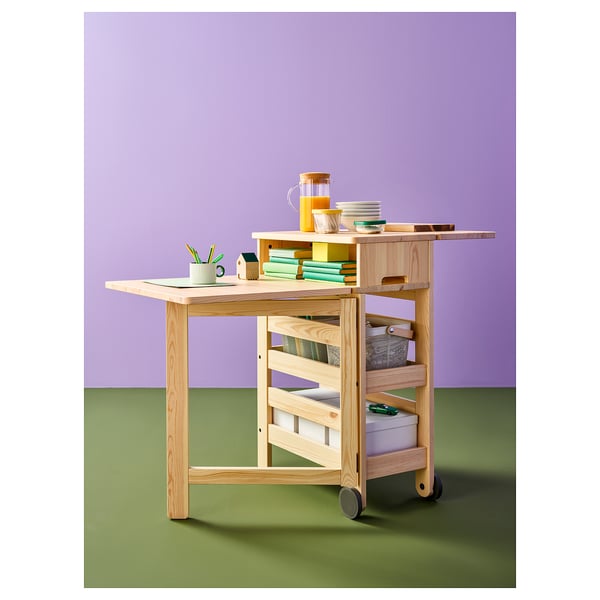 RESARÖ Mobile drop-leaf table w storage, pine