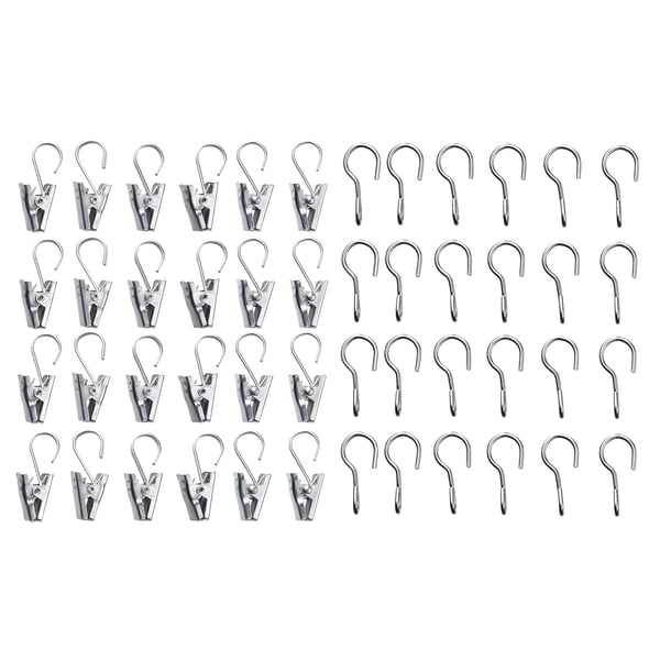 Silver stainless steel curtain clips & hooks. Organised, ideal for smooth sliding on wires, perfect for bathroom use.