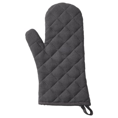 Black RINNIG oven mitt, recycled polyester and cotton, protective, textured stripes, right/left hand use.