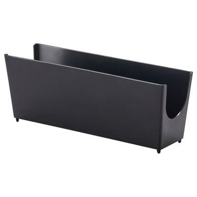 Black rectangular storage container with suction cups, designed for kitchen sink area, holding sponges or brushes.
