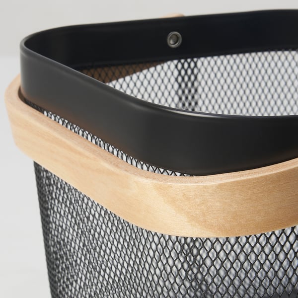 RISATORP basket detail: durable mesh, wood rim, sturdy build.