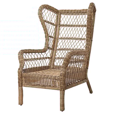 RISHOLMEN outdoor wing chair, natural beige, woven plastic rattan, high back, armrests, durable, stylish.