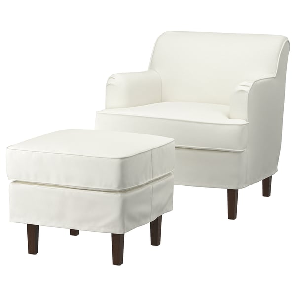 White armchair & ottoman, curved backs & legs, fabric & wood.