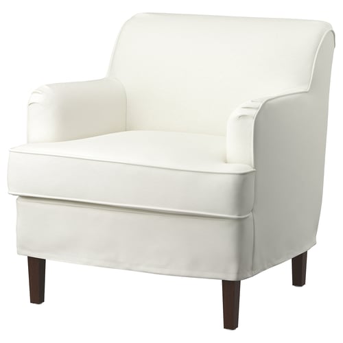 A white, upholstered rockbjorn armchair. It a curved back, padded arms, and dark wood legs. The design looks comfortable and sleek.