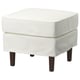 ROCKSJÖN: white, square ottoman with dark wooden legs, plush, clean design.