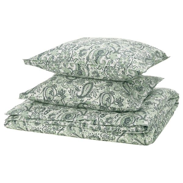 Paisley-patterned bedding set in green/white, cotton-viscose blend, folded neatly.