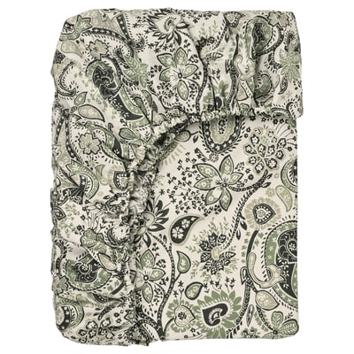Green paisley fitted sheet, cream background, soft cotton & viscose