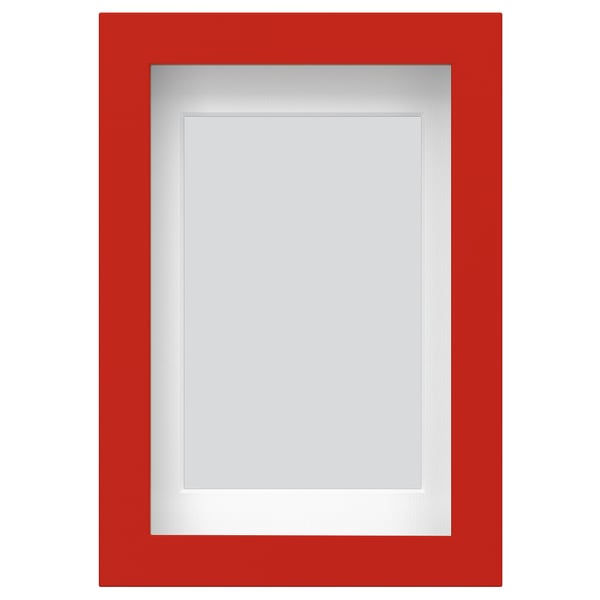 Red rectangular photo frame with white inner edges, modern design. Hangs or stands, with protective plastic front.