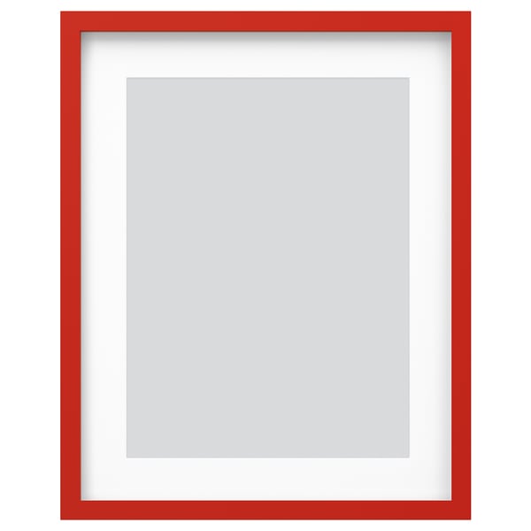 Red RÖDALM picture frame with grey inner mat, rectangular, simple design.