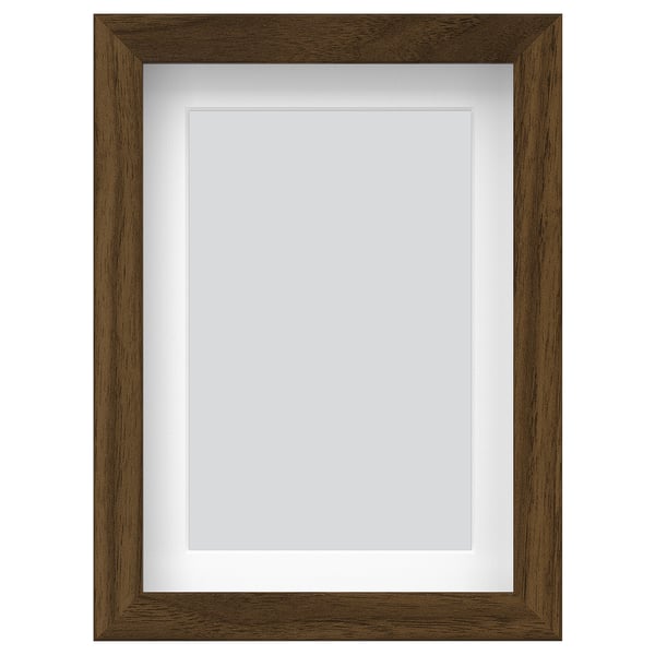 Wooden picture frame, brown, square, with glass front.