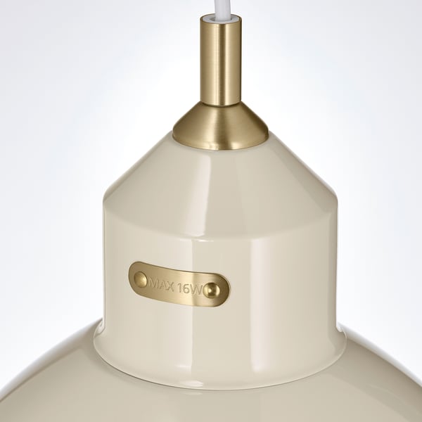 Modern beige pendant lamp with gold details, branded max 16w, featuring a toggle switch and quality design.
