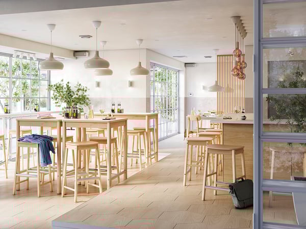 Modern cafe with high chairs & tables, light wood color, minimalist design.