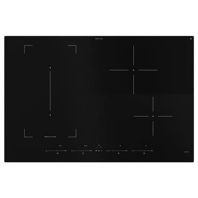 Black induction hob with four heating zones, touch controls, and bridge function for odd-size pots.