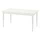 A white ikea ROSENTORP extendable dining table. Its rectangular, made of wood and melamine, with classic turned legs and a self-storing leaf.