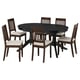 ROSENTORP dining set: black oval table, 6 brown chairs with beige cushions.