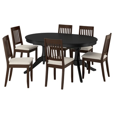 ROSENTORP dining set: black oval table, 6 brown chairs with beige cushions.
