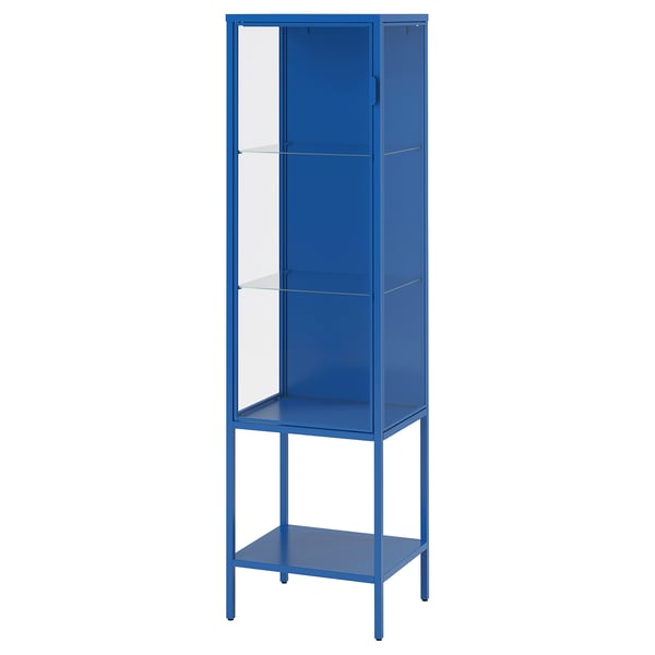 Blue metal and glass display cabinet with three shelves.