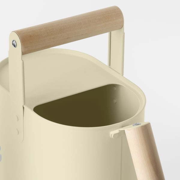 Modern watering can with wooden handle, light beige, sleek design, smooth surface.