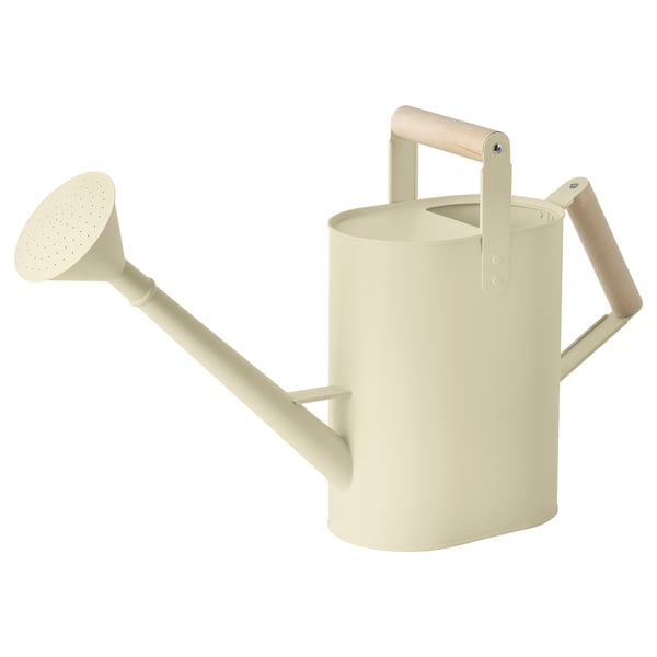 Beige SALLADSKÅL watering can, metal with wooden handles.