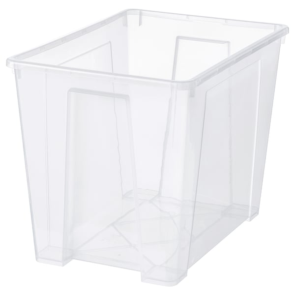 A clear plastic SAMLA storage box for organising and storing items.