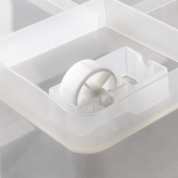 Wheel mechanism on a transparent box, good for organising and moving items.