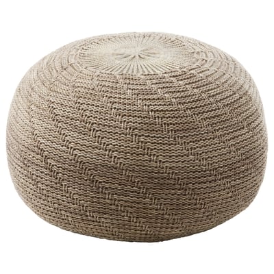 SANDARED round pouffe, beige & grey knit, soft polyester, textured pattern.