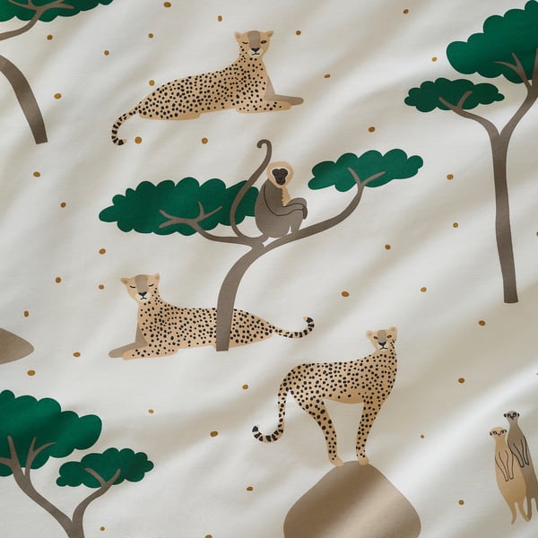 Cheetahs & trees on safari-themed duvet, day & night, soft cotton & viscose.