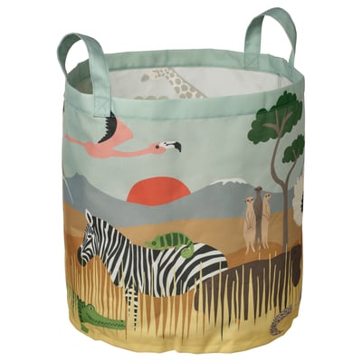 Safari-themed storage basket, colourfully designed with savannah scene, handles on both ends.