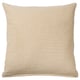 Beige cushion, textured fabric, feather-filled, zip closure, rectangular shape, neutral decor item.