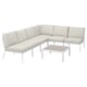 Modern white outdoor sectional, light beige cushions, versatile shape, sleek design.
