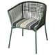 A green SEGERÖN outdoor chair with a striped cushion. It a woven design and is made of steel and polyester.