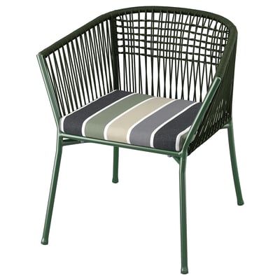 A green SEGERÖN outdoor chair with a striped cushion. It a woven design and is made of steel and polyester.