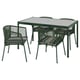 SEGERÖN outdoor set: square glass table, four dark green wicker chairs with armrests.
