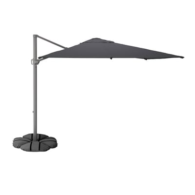 Gray outdoor patio umbrella with crank and weighted base.