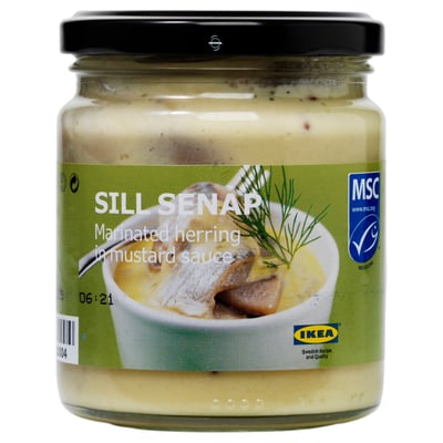 Jar of SILL SENAP: marinated herring in mustard sauce, msc certified, swedish delicacy.