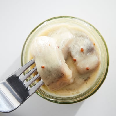 Jar of SILL SENAP: marinated herring in mustard sauce, msc certified, swedish delicacy.