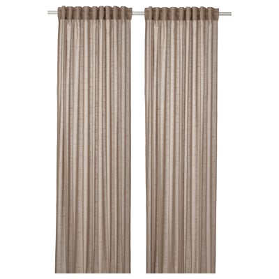 Two beige sheer curtains hang side by side, featuring a linen-like texture and a neutral design, perfect for layering window solutions.